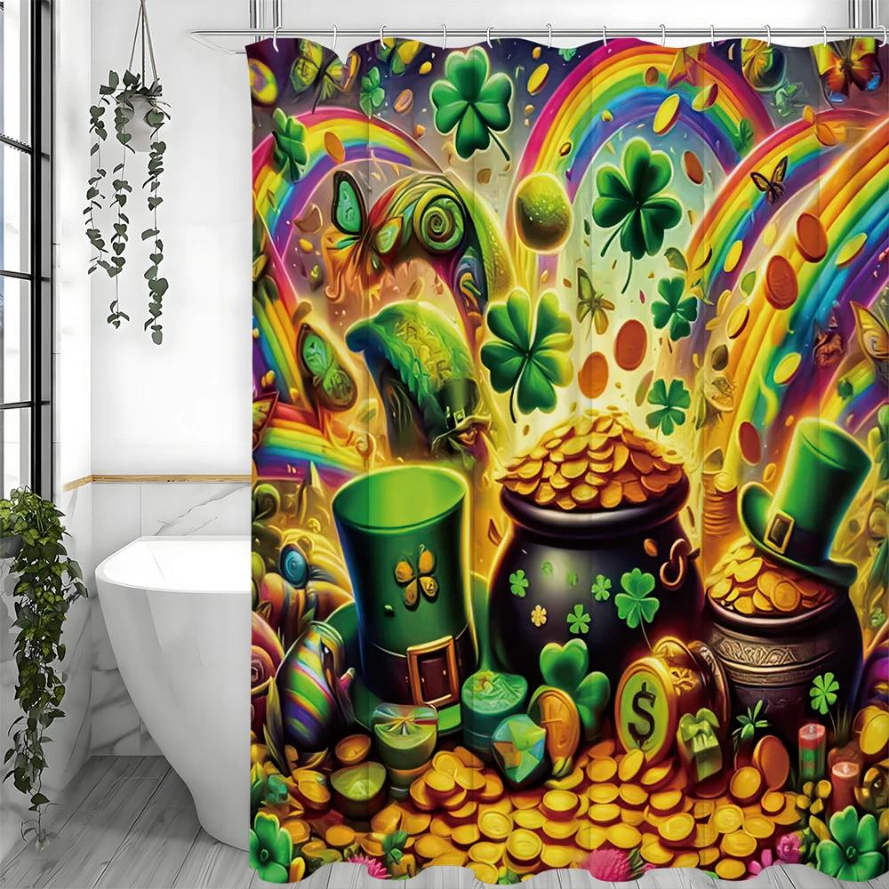 

St. Patrick s Day, Irish Theme Shower Curtain, Bathroom Decorative Shower Curtain, Waterproof Shower Curtain with Hooks W90XH180cm