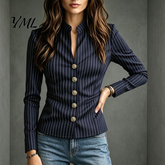 Women Striped Blazer Stand Collar Blazer, Slim Fit Single-Breasted Blouse Top, Office Business Casual Jacket Outerwear Slimming Waist Coat