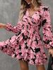 Tume Floral Print Lantern Sleeve Ruffled Long Sleeve V-Neck Dress Ladies Temperament Skinny Small