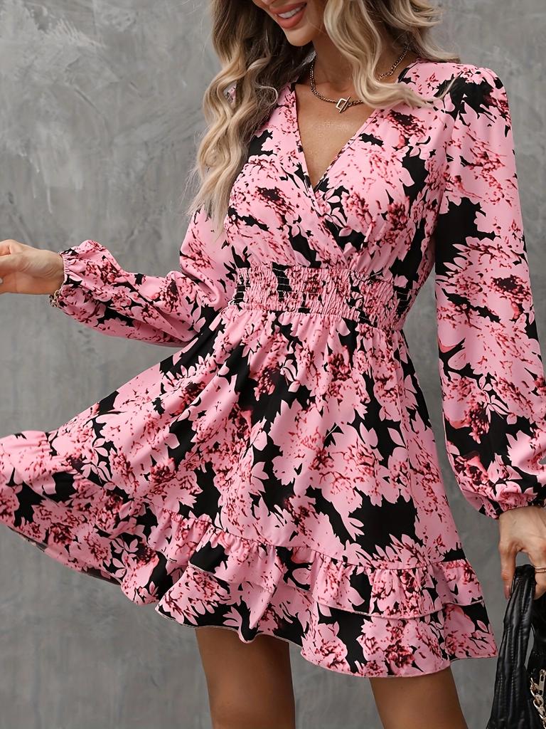 Tume Floral Print Lantern Sleeve Ruffled Long Sleeve V-Neck Dress Ladies Temperament Skinny Small