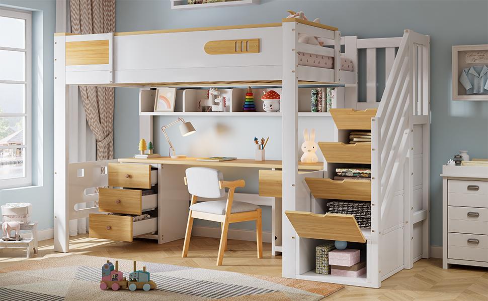 Hoogslaper 90x200 cm Wit Natuurlijk Hout, met Bureau, Lades, Opbergtrap en Hangplank, Ruimtebesparend Functioneel Bed voor Kinderkamer
