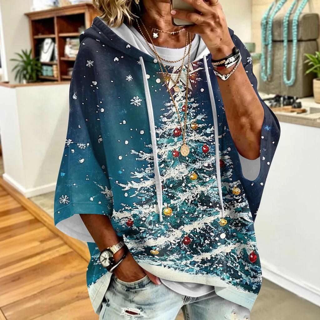 Women's Christmas Printed Hooded Sweatshirt Loose Fit Casual Pullover Top