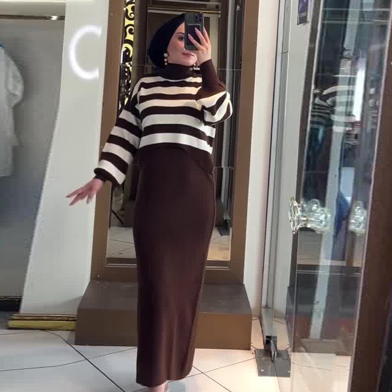 2024 Autumn Women's Fashion Color Block Short Top & Slim Fit Dress Set