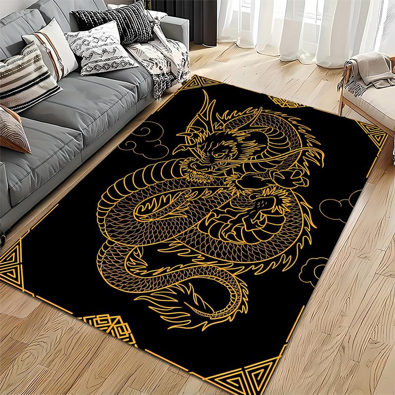 Golden Dragon Patterned Black Carpet with Modern Abstract Oriental Style Suitable for Use As an Anti-slip for Living Room Bedroom Sofas