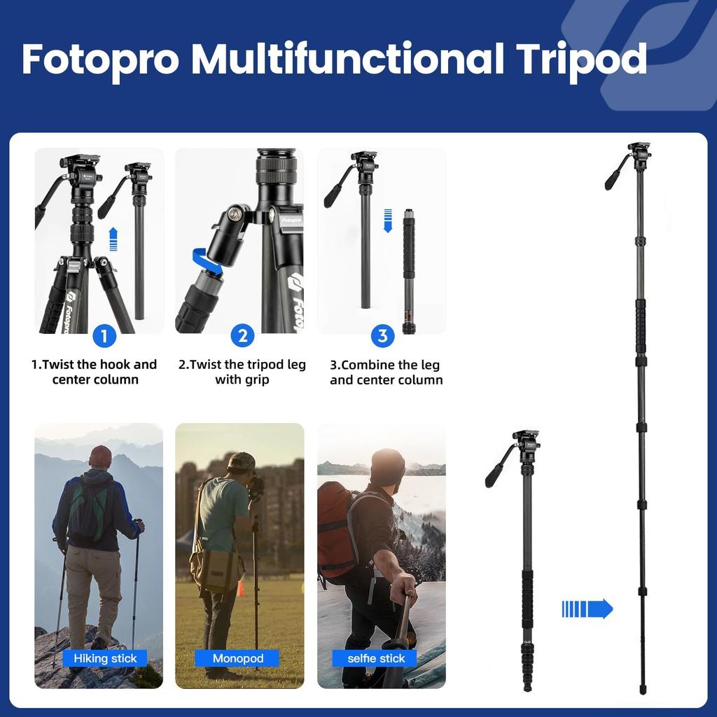 Fotopro 152cm Carbon Fiber Travel Compact Camera Tripod with Fluid Detachable Quick Release Plate and Supports up to Video Tripod for E2 Video Black