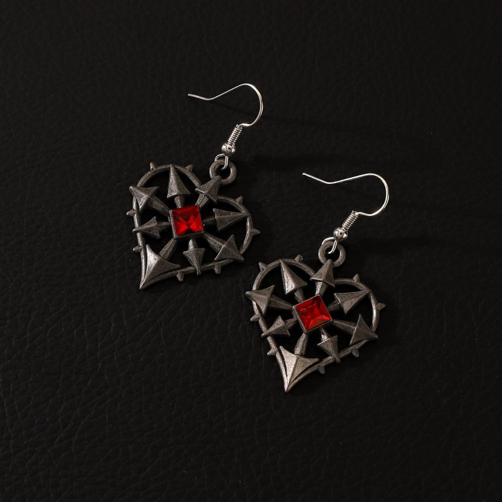 Dark Tone Gothic Heart Drop Earrings with Red Stone Accents for Women