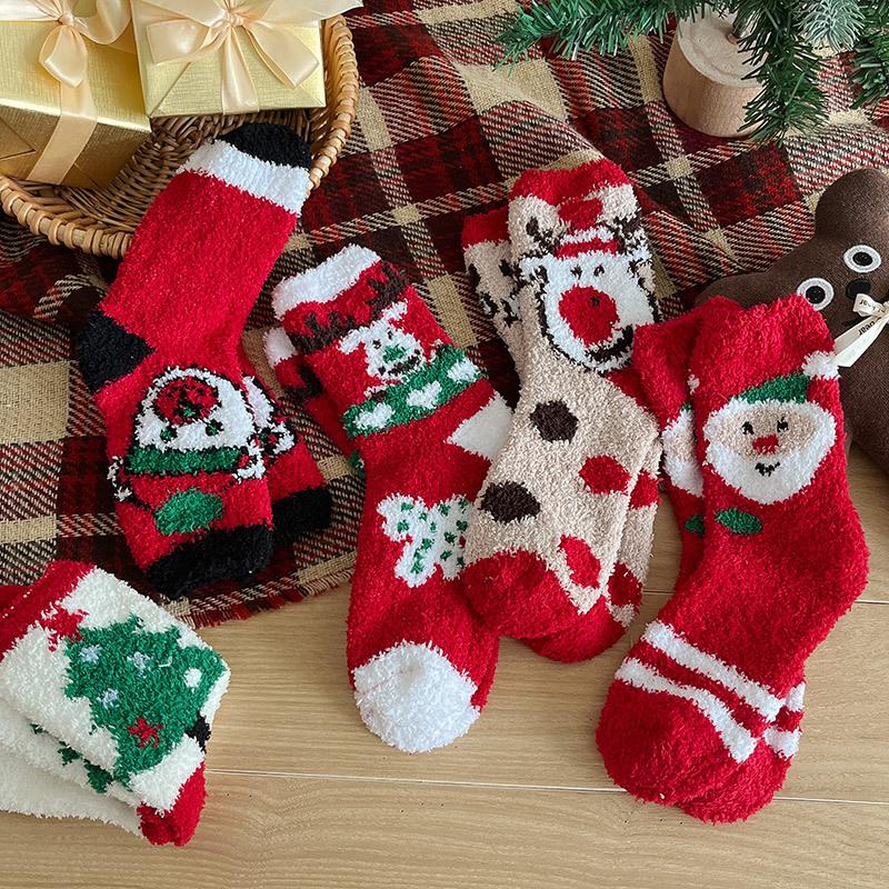 10Pair 24 Christmas Socks Women'S Coral Fleece Thickened Thermal Tube Socks Sleeping Socks Cartoon Half Fleece Floor Socks