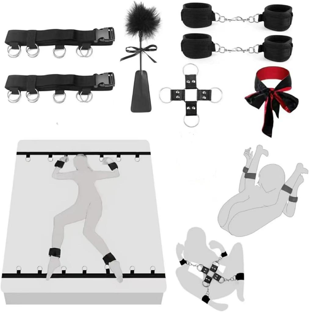 Adult Sex Bondage Restraints BDSM Kit with SM Game Play Bed Straps Cuffs Tickler Paddle Blindfold Harness-Sex Toys