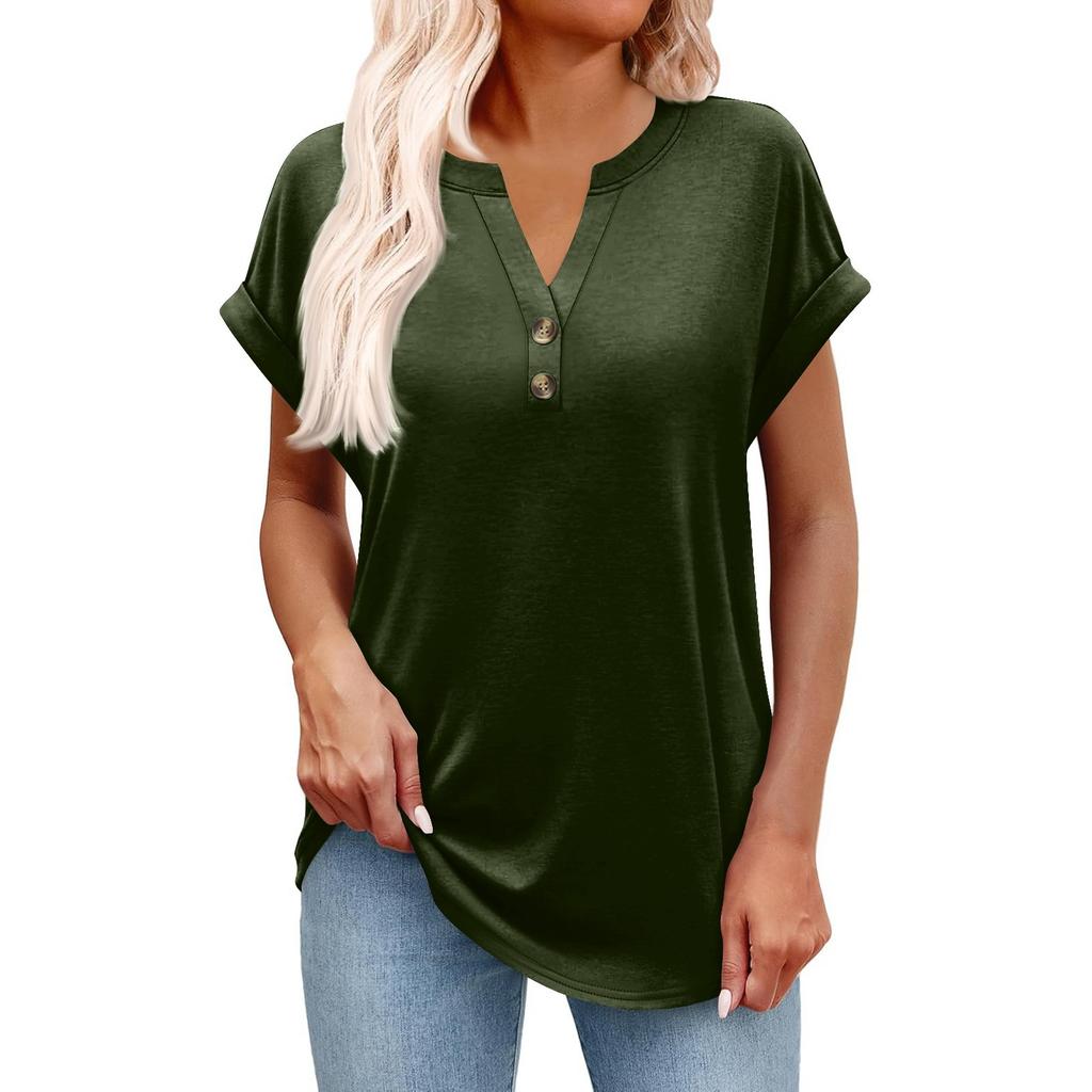 Women's Fashionable Casual Short-sleeved V-neck Button Printed Pullover Top
