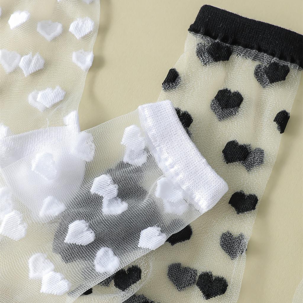 2 Pairs Women Heart Stripe Polka Dots Pattern Sheer Silk Socks Spring Summer Breathable Thin Transparent Crew Socks