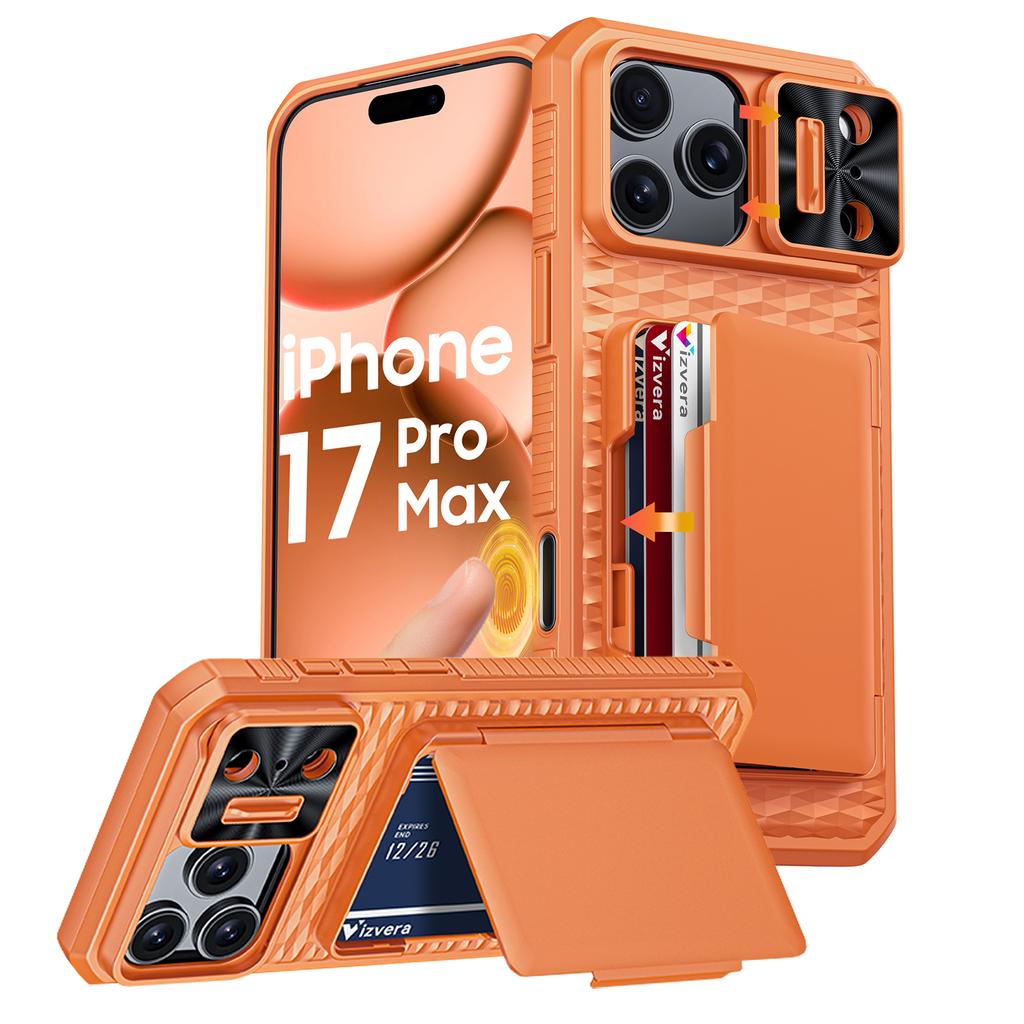 Mit Kartenhalter, Schiebefach für die Kamera und Ständer für iPhone 17 Pro Max Handyhülle, Anti-Fall PC+TPU Brieftaschenhülle - Champagner