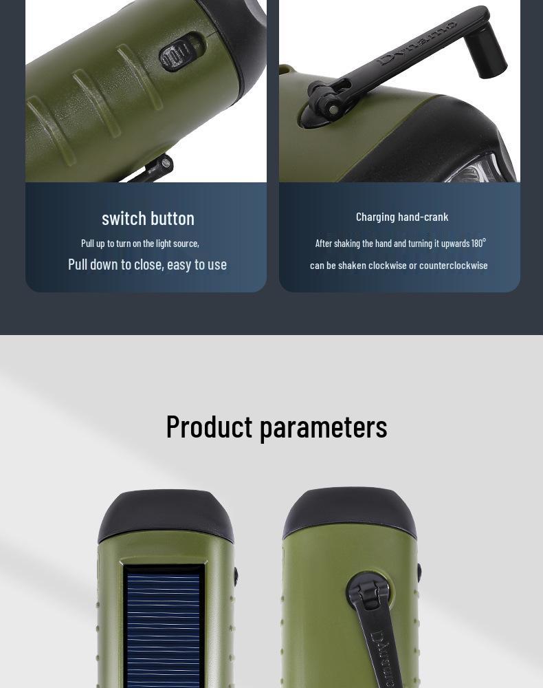 High-Brightness Emergency Flashlight with Long Battery Life and Solar Hand-Crank Charging