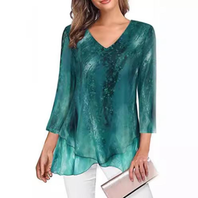 Summer Loose Seven-quarter-sleeved Chiffon Blouse Women V Neck Loose Plus Size Irregular Shirt Fashion Elegant Printed Female Top Mesh Clothing 3276