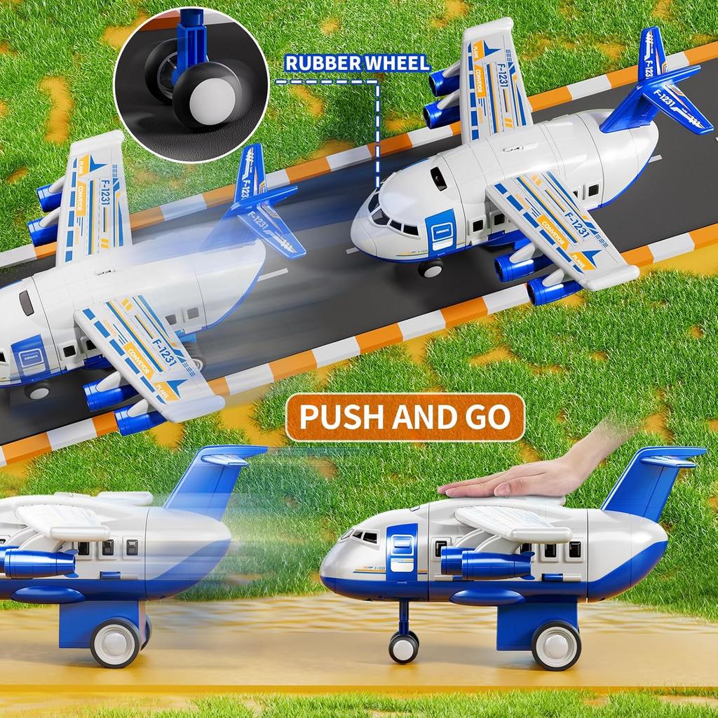 Kids Airplane Toy Racing Tracks Toy for Kids 3 4 5 6 7 Boys - Toy Airplane Small with 8 Car Toy, Garage Parking Lot, Car Carpet for Kids Playmat,