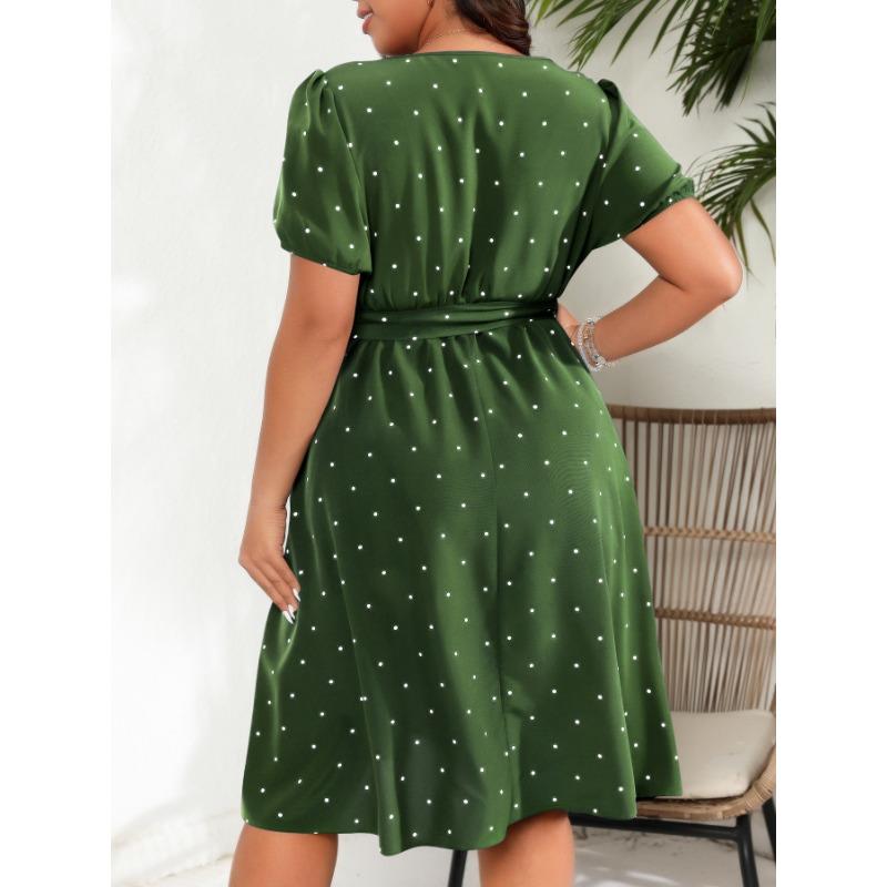 Summer Large Size Retro Polka Dot Dress Women Elegant Slim Waist Cinched Lace Up Square Neck Party Dress Fashion Elegant Sweet Casual Holiday Dresses