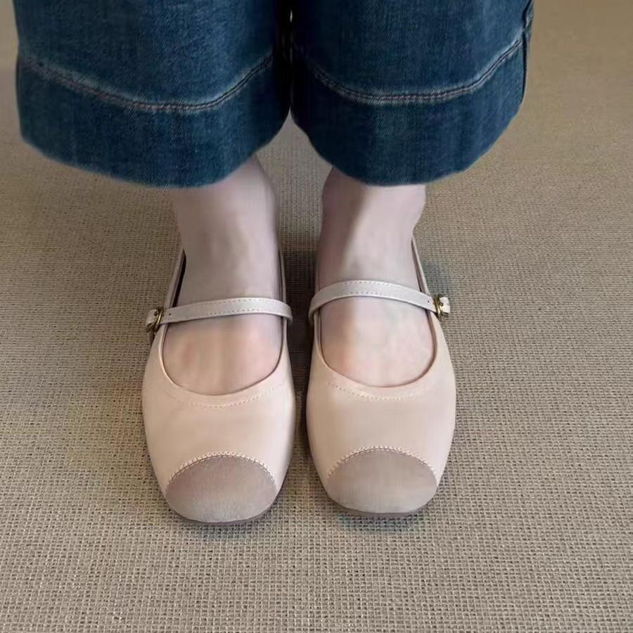 Sheepskin Version~ Retro Soft-Soled Splicing Word Belt Mary Jane Single Shoes Women'S Shallow Commuter Flat-Soled Ballet Shoes
