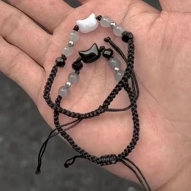 New Wine Red Cat Beaded Couple Bracelets Handmade Adjustable Braided Cord Minimalist Moonstone Obsidian Jewelry for Men Women
