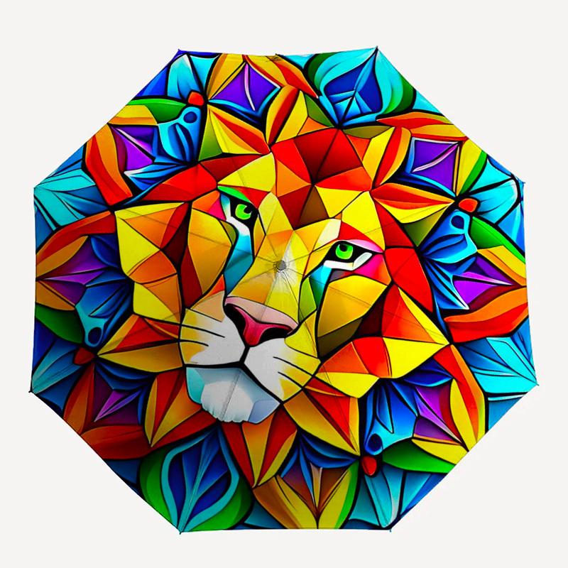 1pc Colorful Lion Mandala Design Automatic Folding Umbrella - Portable Tri-Fold Design with 8-Rib Iron Frame, Perfect Outdoor for Fans, Travelers, Dai