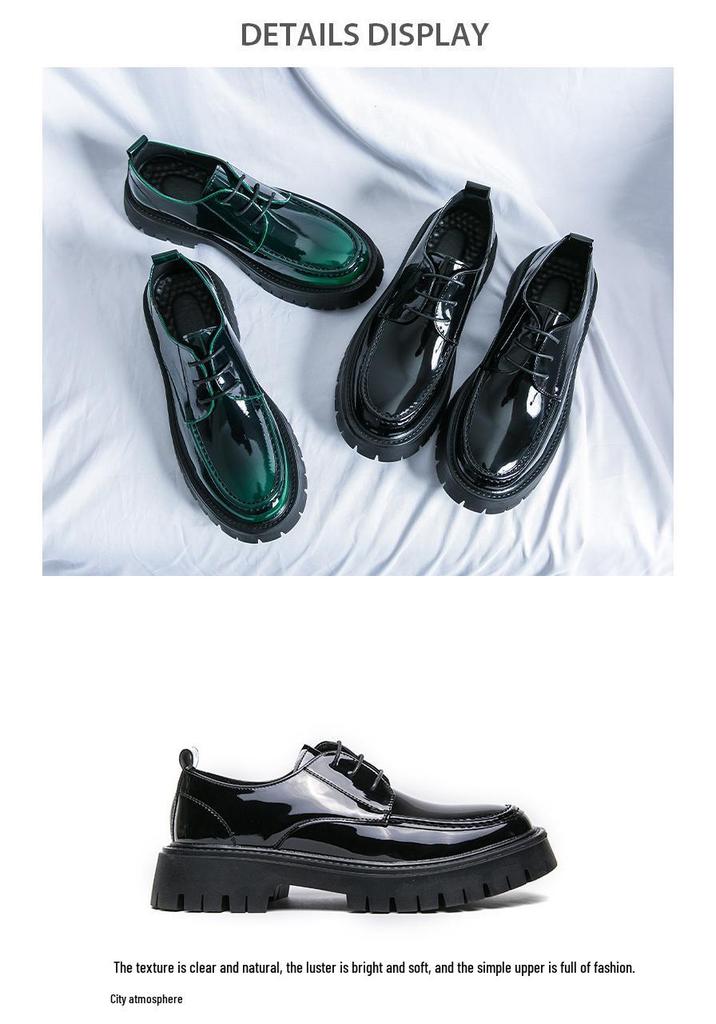 Men's Large Glossy Leather Lace-Up Loafers with Thick Sole and Chunky Heel
