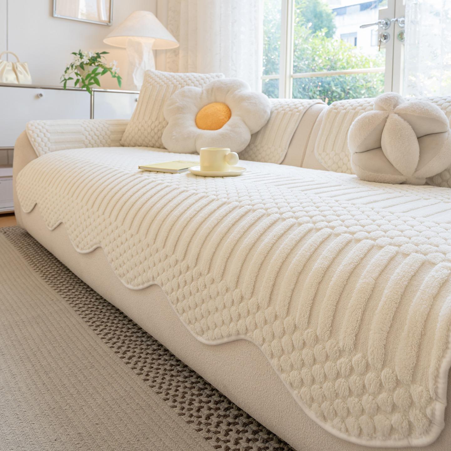 Кремовый Плотный Стеганый Флисовый Чехол на Диван для Уютной Зимней Теплоты Декор Мебели Гостиной Чехол на Подушку Дивана Полотенце для Дивана 90*120cm кремовый