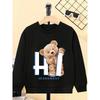 Kids Crewneck Long Sleeve Pullover Sweatshirt, Teddy Bear Holding Hi Sign Graphic Print