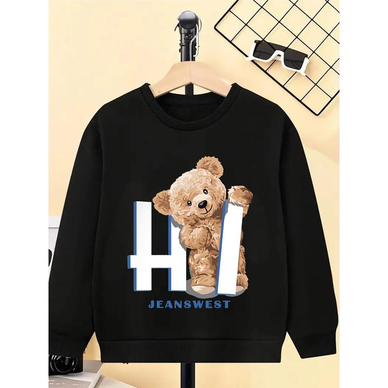 Kids Crewneck Long Sleeve Pullover Sweatshirt, Teddy Bear Holding Hi Sign Graphic Print