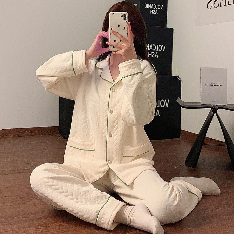 Women's Fall/Winter Thick Cotton Pajama Set - Long Sleeve & Pants