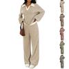 Women's Casual Striped Collar Long Sleeve Top and Straight Wide Leg Pants Set