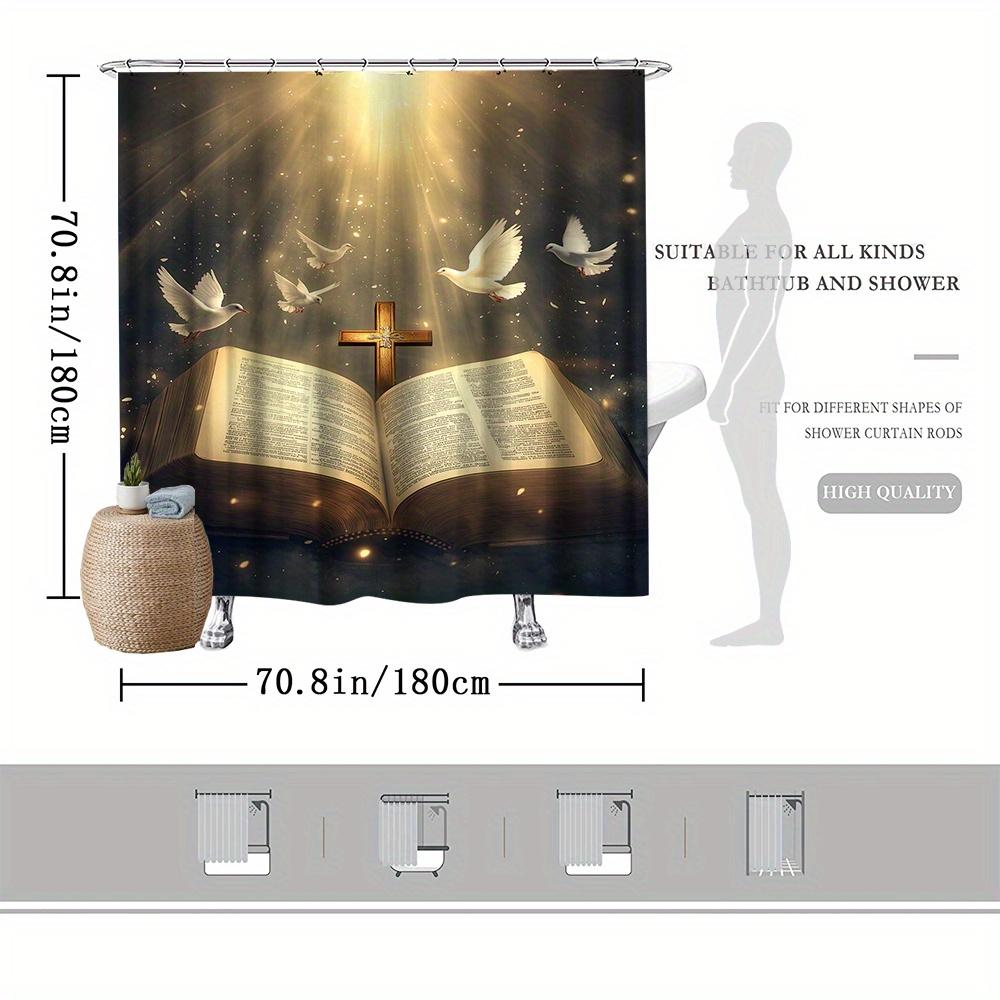 Bible & Cross Shower Curtain, Holy Scripture & Doves Design, Fade-Resistant Polyester,12 Hooks,Machine Washable, Serene Ambiance