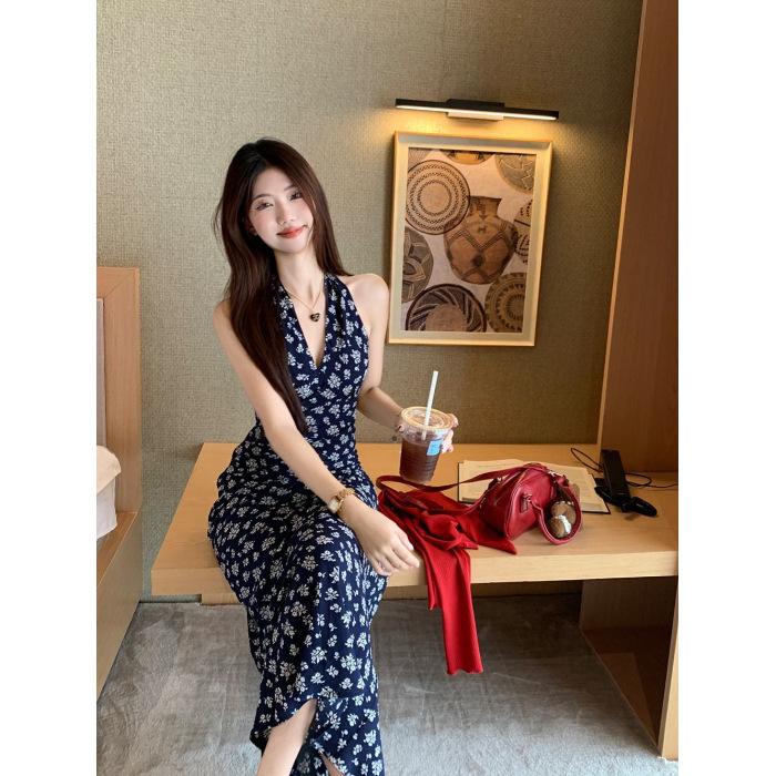 French retro V-neck waist navy blue floral dress hanging neck hanging neck sleeveless long dress women s hollow backless S