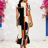 Women Plus Size Geometric Printed V Neck Short Sleeve Fitted Fishtail Dress Black Orange White