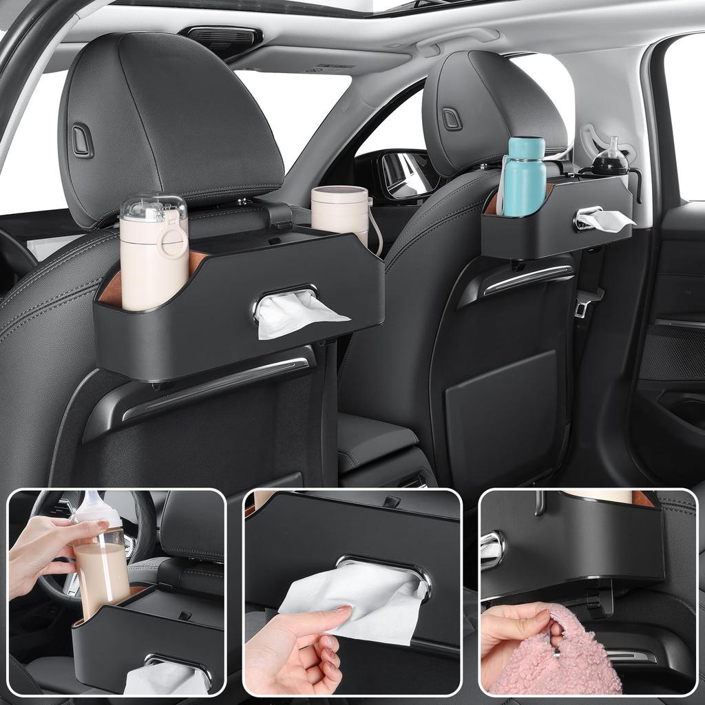 Sanccaral Car Leather Multifunctional Rear Seat Drink Holder with Tissue Box and Front Seat Headrest Cup Holder Storage Car Travel Storage Item Hook,