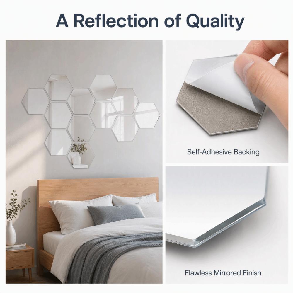 12 Pcs Self Adhesive Hexagon Wall Mirror Sticker Silver Self Adhesive Wall Decal Sofa Backdrop