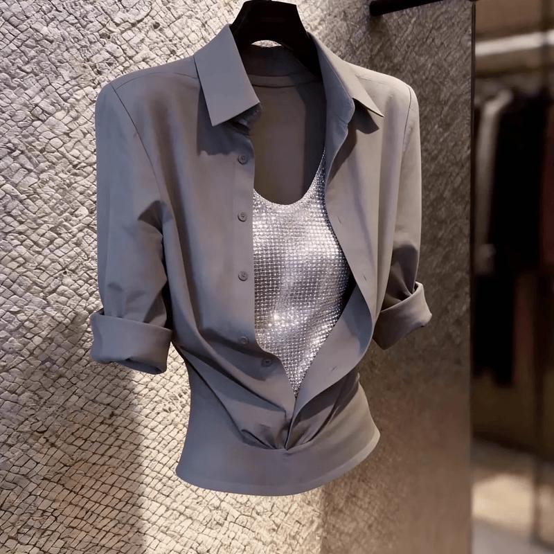 La Chapelle Women s Faux Two-Piece French Luxury Grey Shirt L