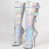 Botas de balé com salto super alto de 7 polegadas, cor holográfica, botas sexy com fechadura