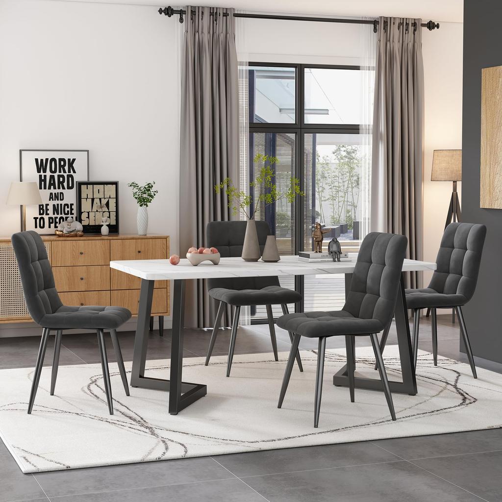 Dining Group: Rectangular Dining Table Marble Pattern + 4 Modern Upholstered Chairs with Backrest, Metal Frame, Velvet, Black & Grey