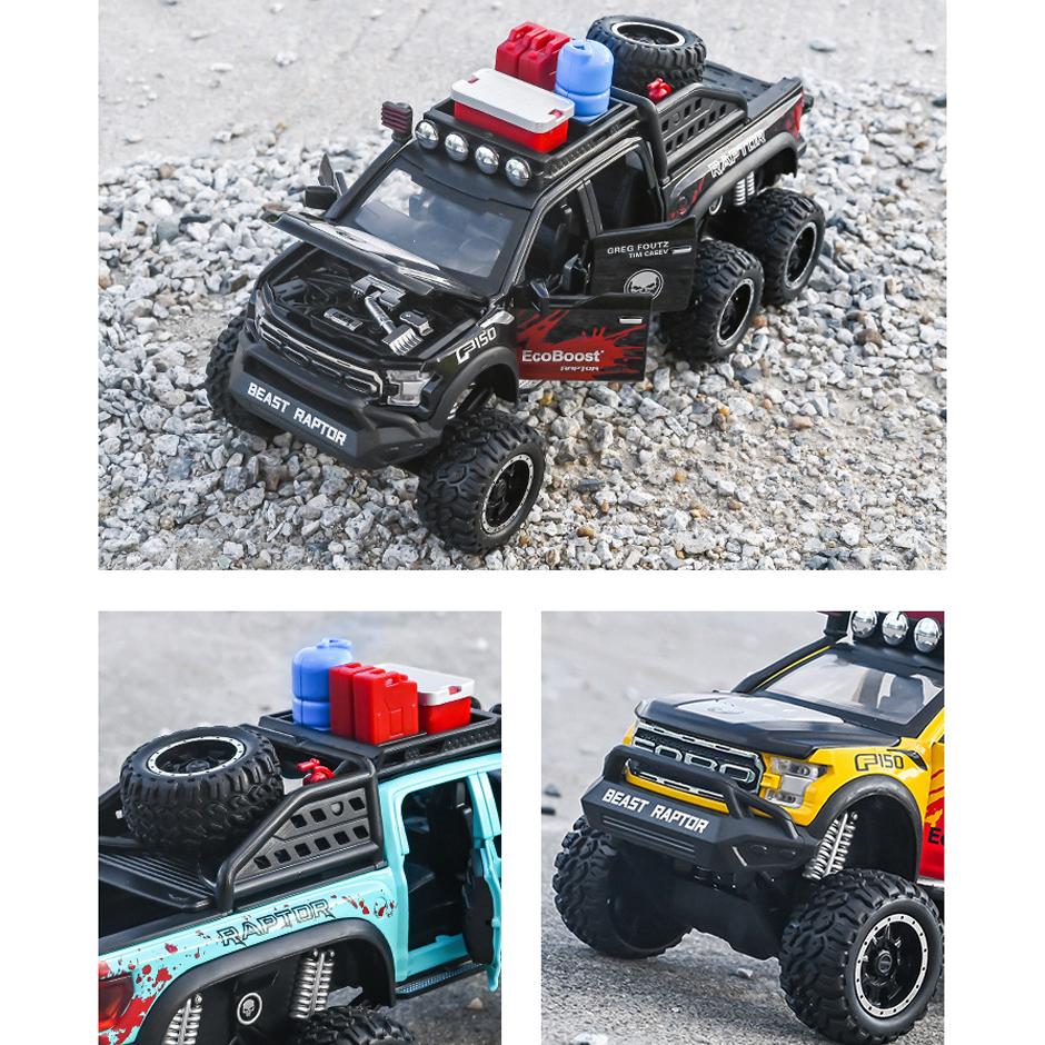 La scară 1/28 Ford Raptor F150 6X6 Pickup Truck Model de mașină de jucărie turnată sub presiune, Vehicul de jucărie cu sunet și lumină pentru copii mici, colecție de cadouri