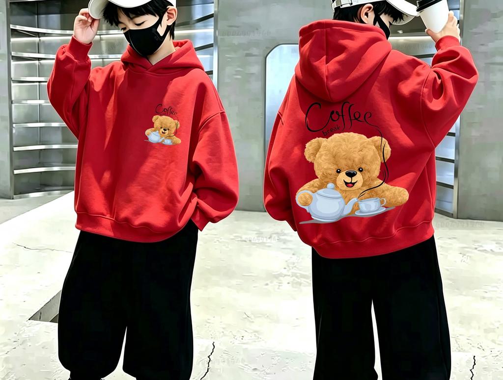 Y2K Cute Afternoon Tea Teddy Bear Printed Boys' and Girls' Loose Casual Long-Sleeved Children's Hooded Shirt