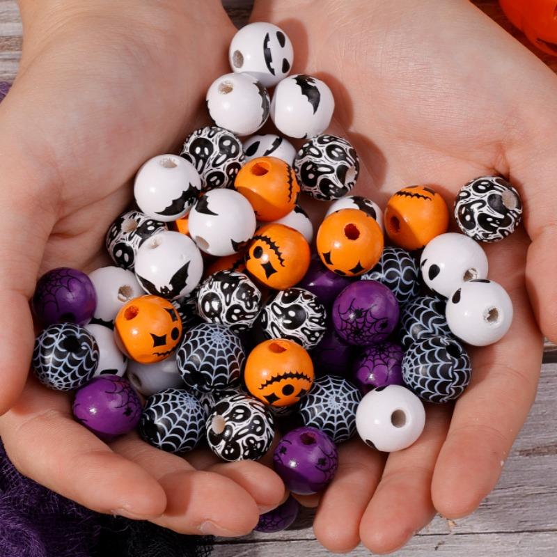 Halloween DIY Printed Wood Beads Multicolor Funny Handmade Wooden Bead Bracelet Hand String Making Accessories Festival Props