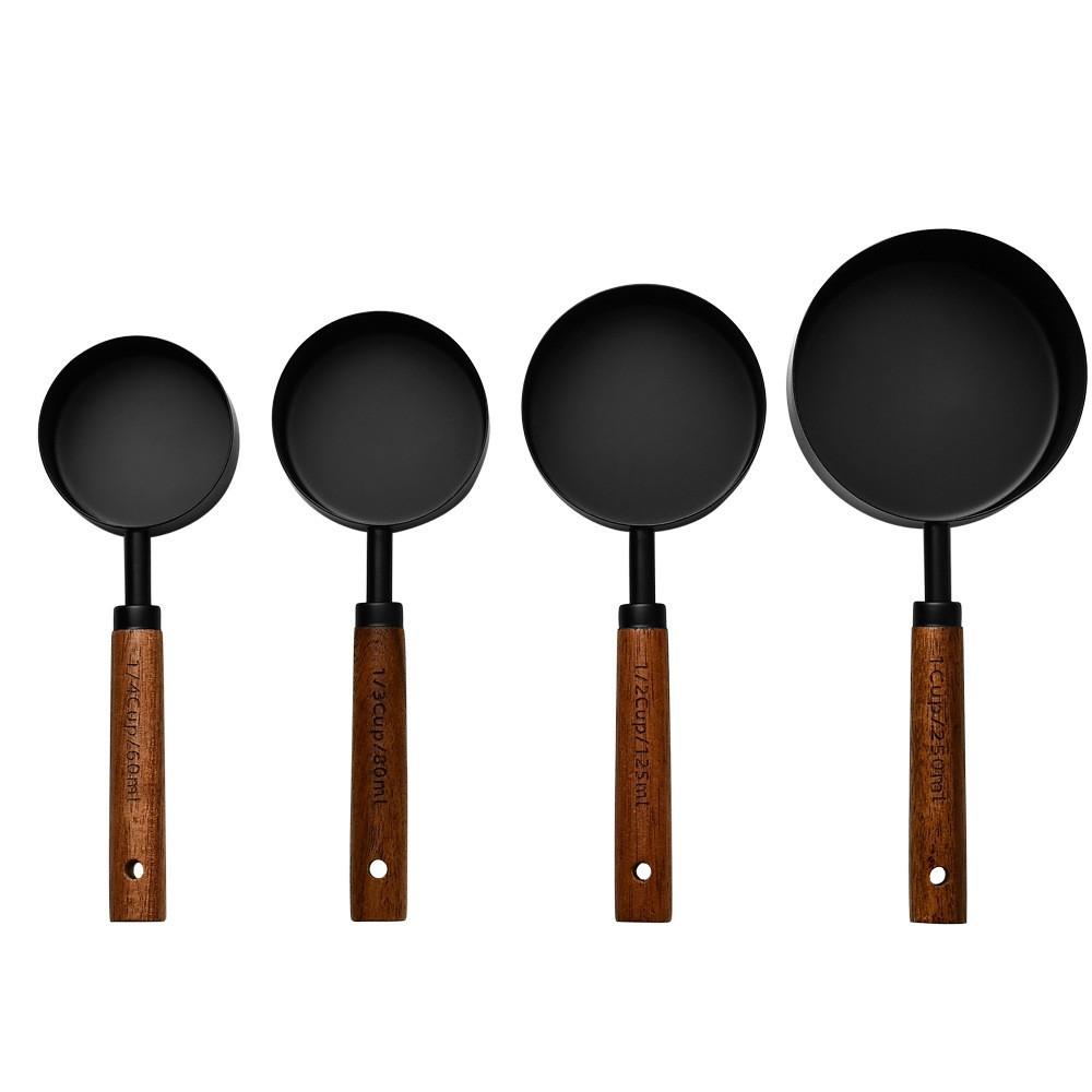 Stainless Steel Titanium Plated Golden Acacia Wood Measuring Spoon Measuring Cup, Kitchen Baking Measuring Tool, Tea Spoon 4pcs