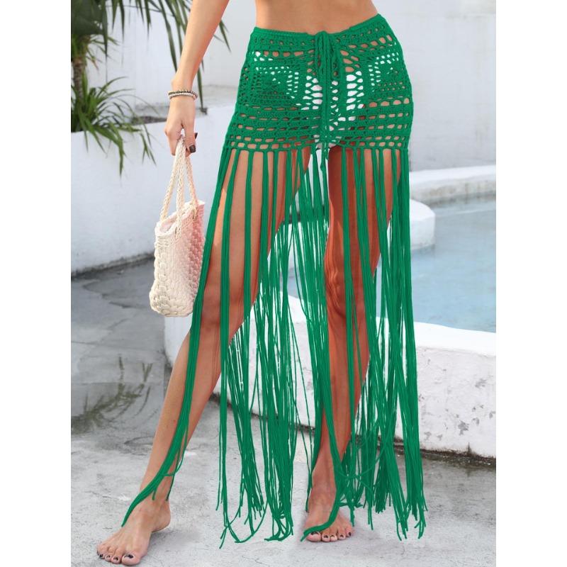 Damska czysta ręcznie robiona na szydełku długa spódnica plażowa z frędzlami, sznurowana, regulowana