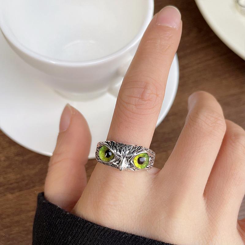 Cute Retro Thai Silver Cat Rings Fashion Cat Owl Eye Opening Adjustable Ring for Women Men Trendy Statement  Accessories