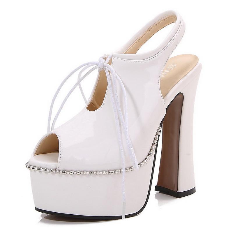 

Women Waterproof Platform String Beading High Thick Heel Sandals for Office Nightclub Party Banquet Wedding Catwalk Princess 35 белый