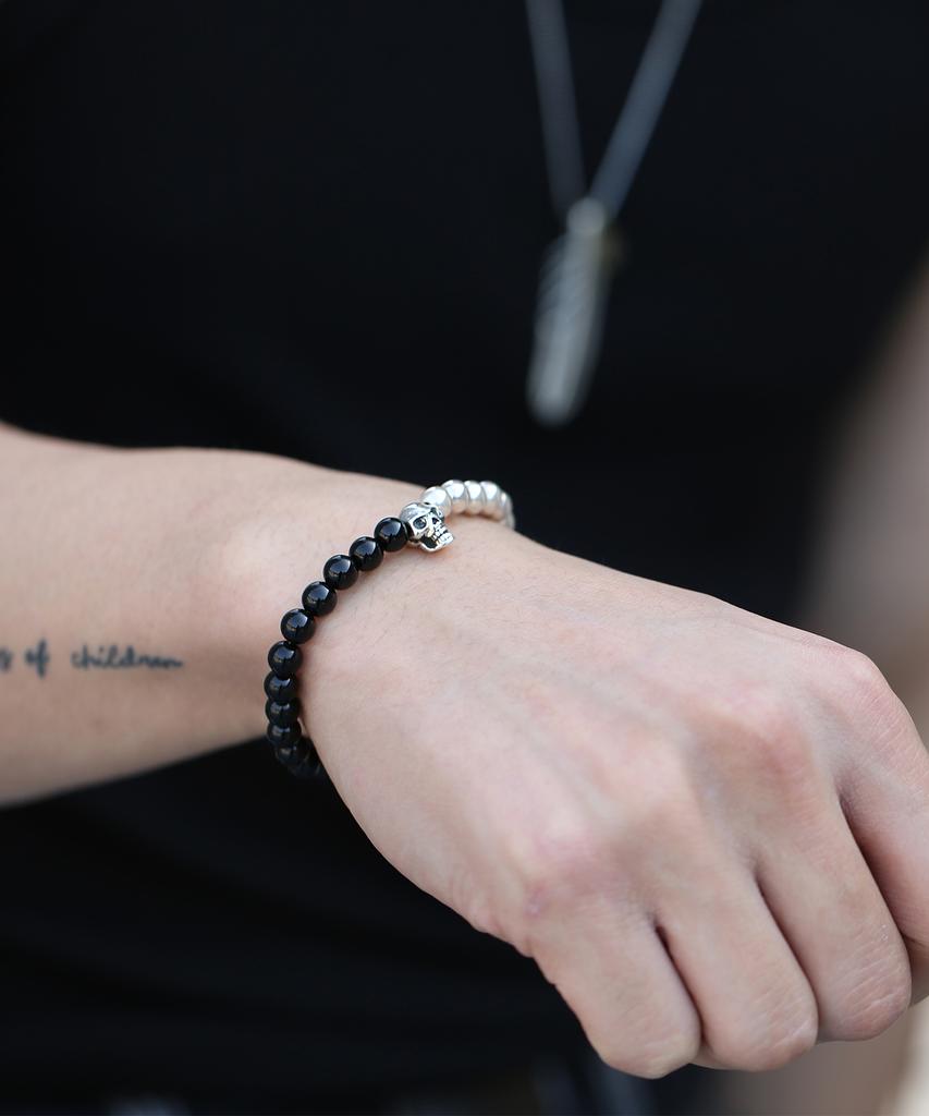 Shoveoff Svb-219 Silver 92.5 Skull Onyx Bracelet