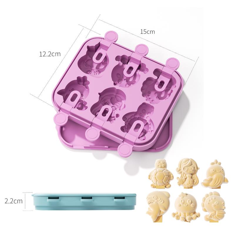 Kids Cartoon Popsicle Molds 6 Cavity Reusable Silicone Easy Release Fruit Shaped Ice Cream Maker