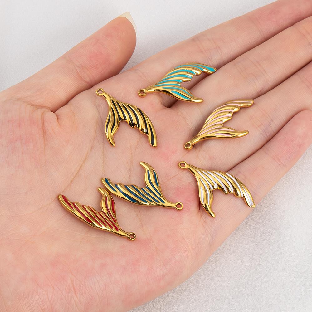 2pcs 304 Stainless Steel Enamel Fish Tail Pendant Mermaid Tail Charm DIY Trend Necklace Earring Jewelry Making Keychain Supplies