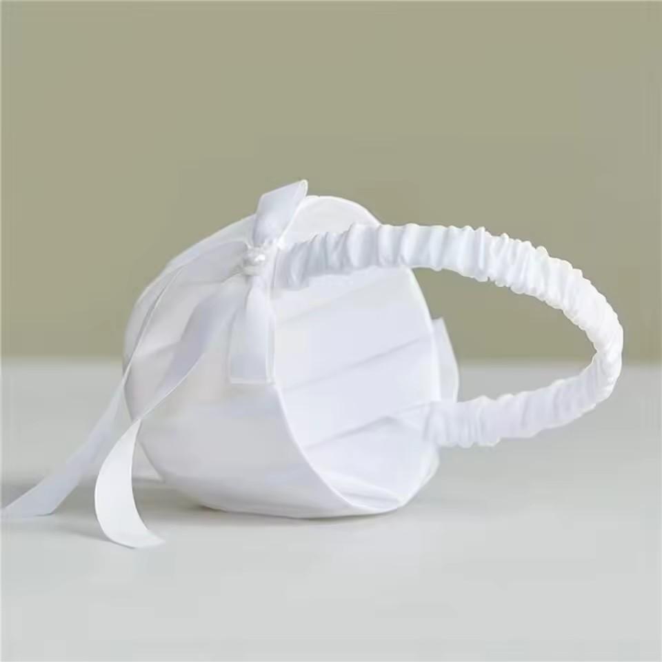 Wedding White Satin Bow Flower basket Flower Carrying basket with pearl handle suitable for bridesmaids and flower girls