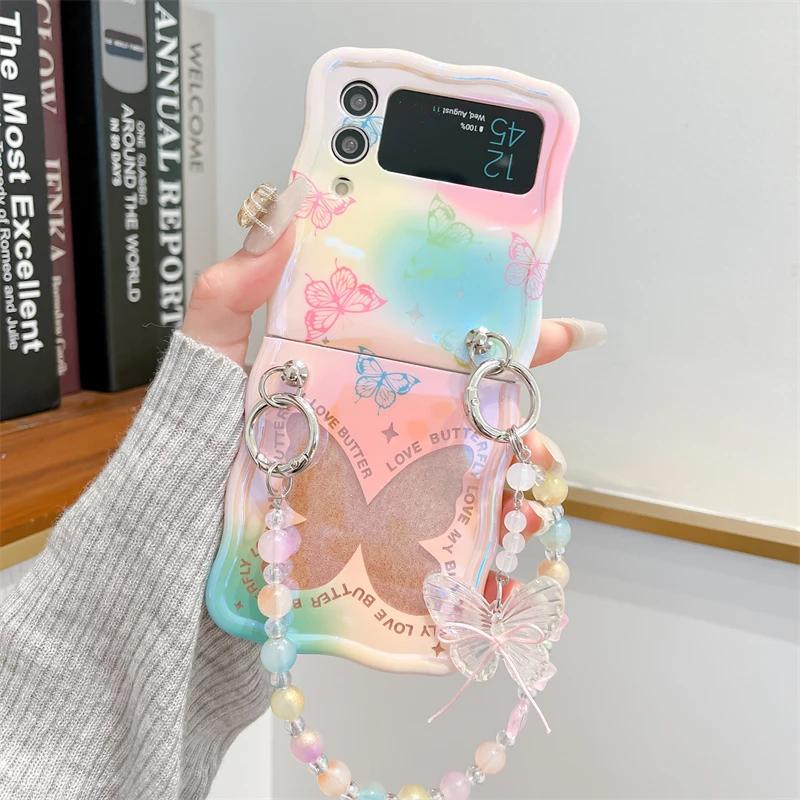 Bead Wrist Strap Phone Case for Samsung Galaxy Z Flip 5 4 3 Flip5 Flip4 Flip3 5G Colorful Bling Glitter Butterfly Pattern Cover
