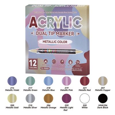 12 Color Double End Acrylic Marker Waterproof Metallic Paint Pen for Coloring Painting On Paper Wood Fabric Metal Stone