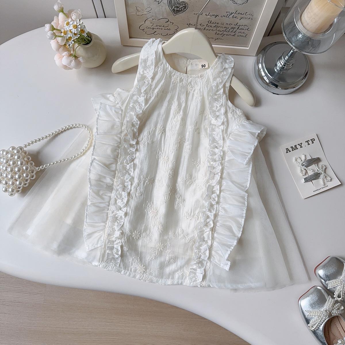 Summer Girls Sleeveless Dress With Ruffles And Floral Embroidery Sweet Princess Cotton Vest Dress For Kids 90cm